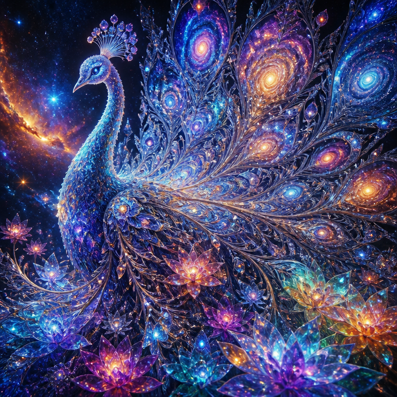 Crystal cosmic peacock with reflective snowflake silk lace feathers of near-perfect mirror reflectivity without grayness, clearly reflecting a realistic swirling galaxy, unfolding its flowing organic 