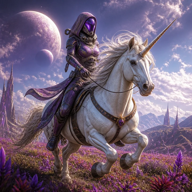Tali zorra from Mass Effect riding a unicorn, quarian female in detailed purple envirosuit with glowing violet visor and intricate tubing, gracefully mounted atop a majestic white unicorn with flowing