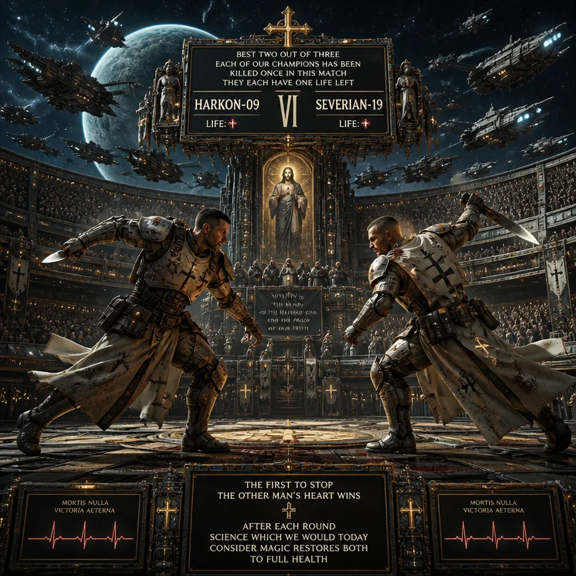 Technopuritan space marine, bowie knife, christian imagery, fleet of spaceships, vitality, fighting for sport, the technopuritan tries to kill his opponent in sport knowing full well neither will succ