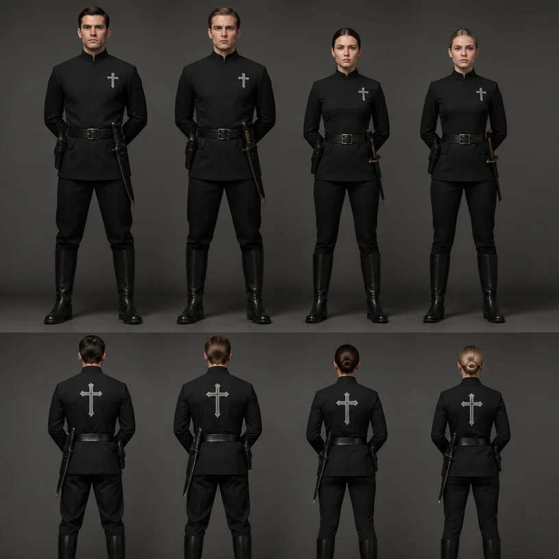 technopuritan paramilitary uniform, no helmets, no masks, clean simple uniform, belted military tunic with a stand collar - more specifically a Prussian-style or mandarin-collar tunic,  no visible but