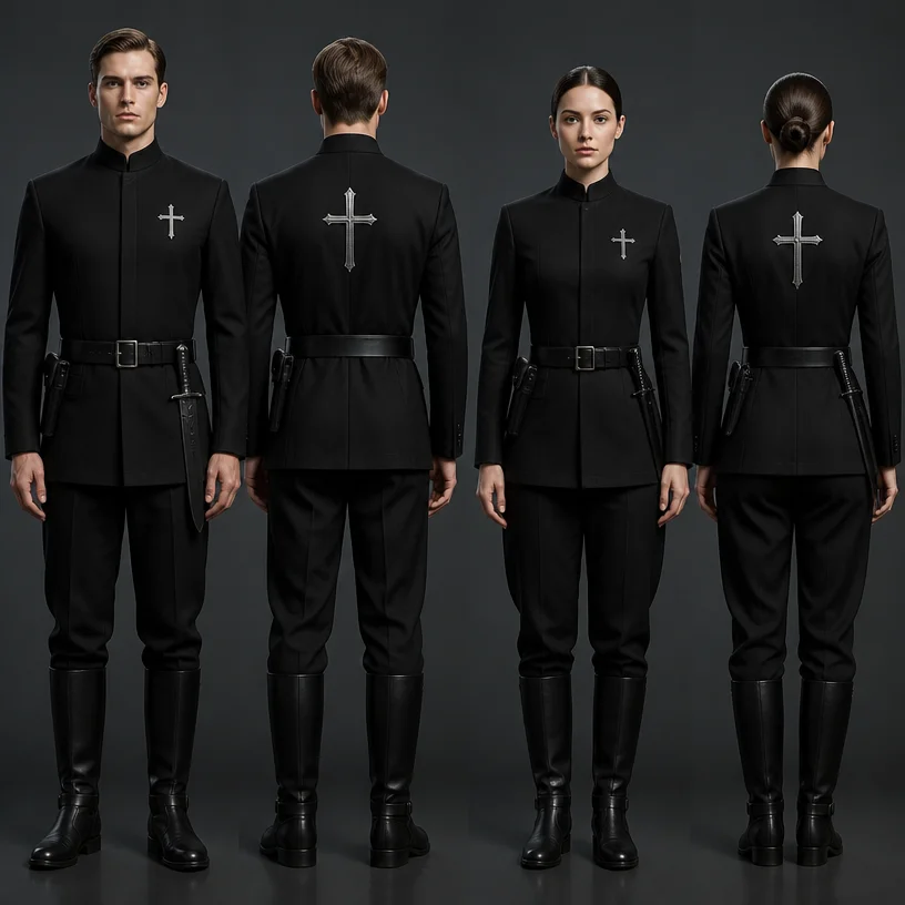 technopuritan paramilitary uniform, no helmets, no masks, clean simple uniform, belted military tunic with a stand collar - more specifically a Prussian-style or mandarin-collar tunic,  no visible but