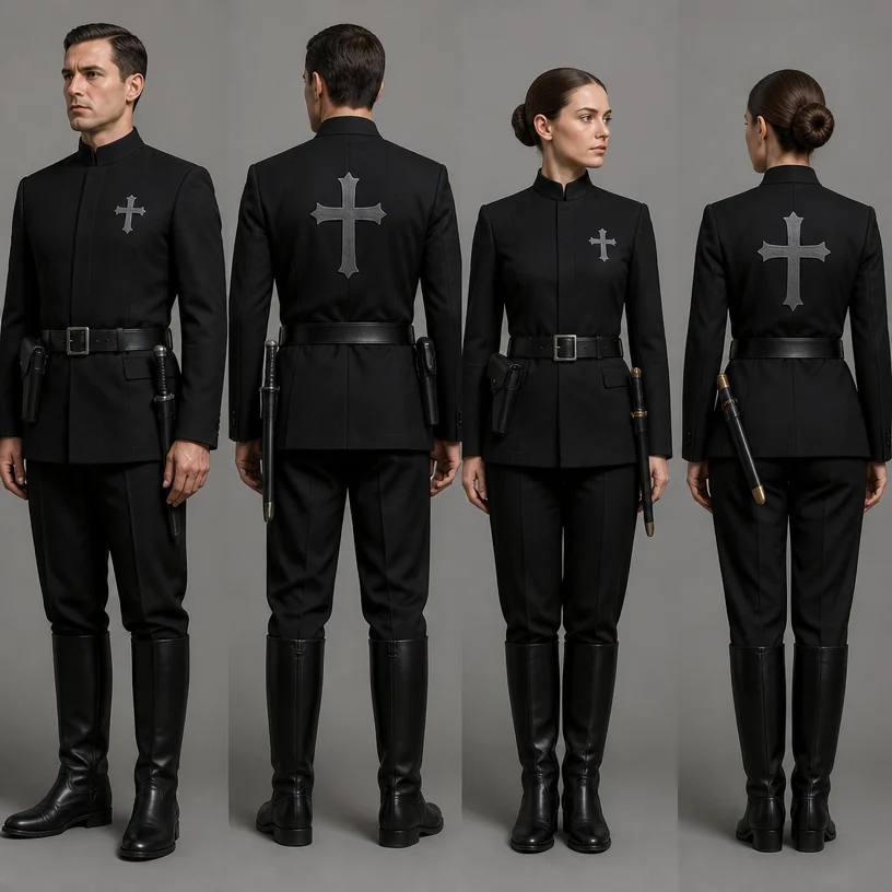 technopuritan paramilitary uniform, no helmets, no masks, clean simple uniform, belted military tunic with a stand collar - more specifically a Prussian-style or mandarin-collar tunic,  no visible but
