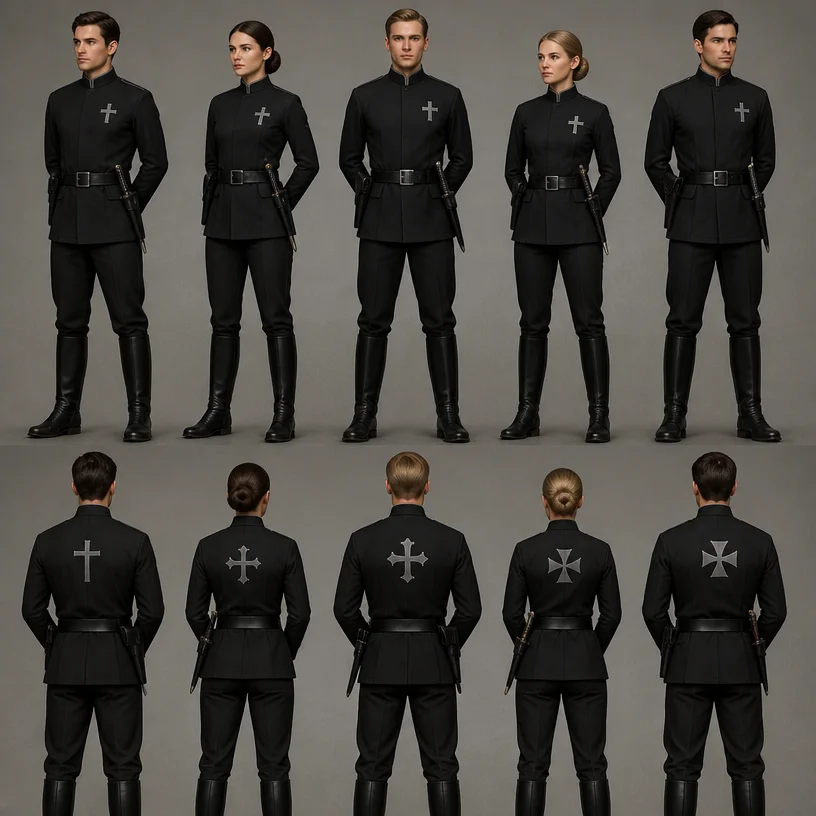 technopuritan paramilitary uniform, no helmets, no masks, clean simple uniform, belted military tunic with a stand collar - more specifically a Prussian-style or mandarin-collar tunic,  no visible but