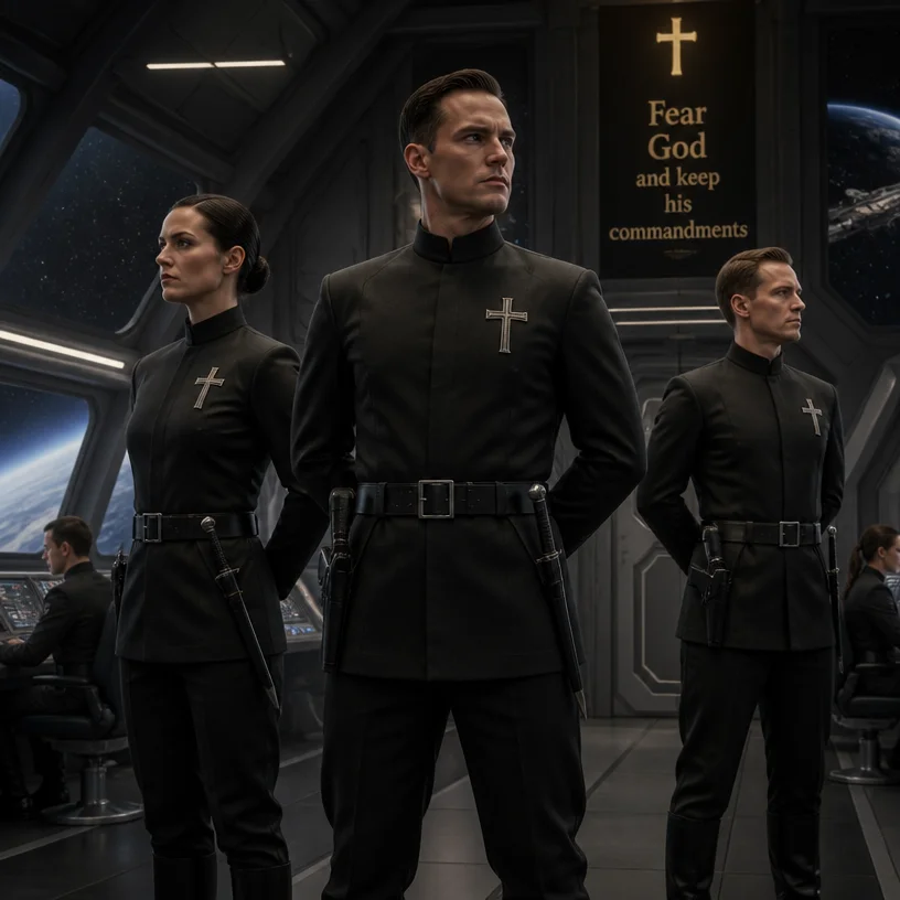 technopuritan paramilitary uniform, no helmets, no masks, clean simple uniform, belted military tunic with a stand collar - more specifically a Prussian-style or mandarin-collar tunic,  no visible but