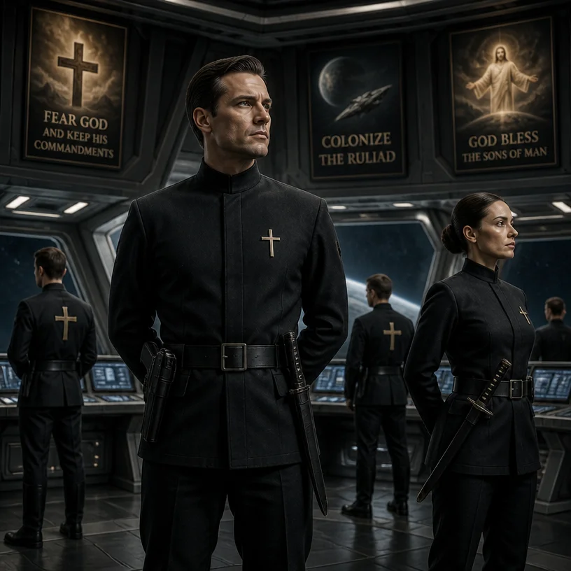 technopuritan paramilitary uniform, no helmets, no masks, clean simple uniform, belted military tunic with a stand collar - more specifically a Prussian-style or mandarin-collar tunic,  no visible but