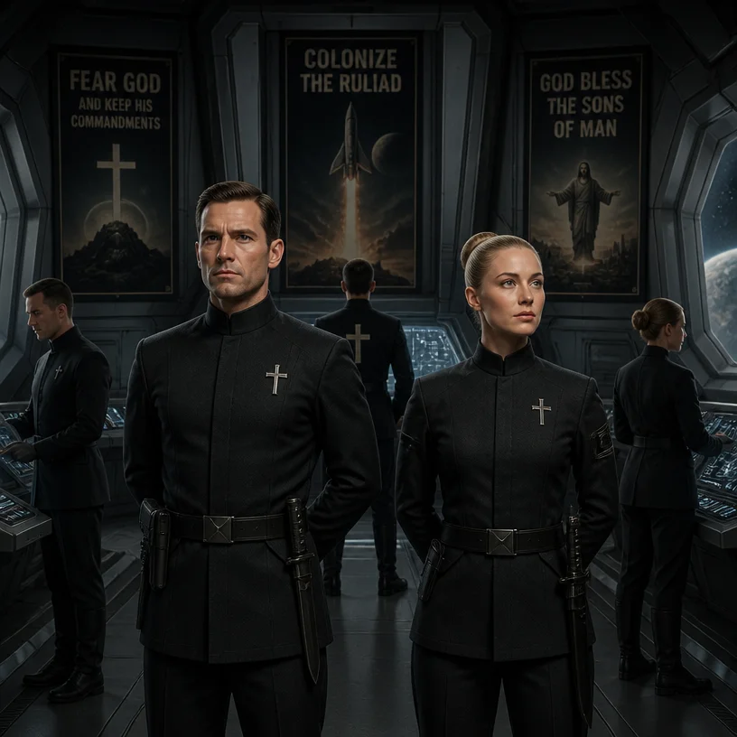 technopuritan paramilitary uniform, no helmets, no masks, clean simple uniform, belted military tunic with a stand collar - more specifically a Prussian-style or mandarin-collar tunic,  no visible but