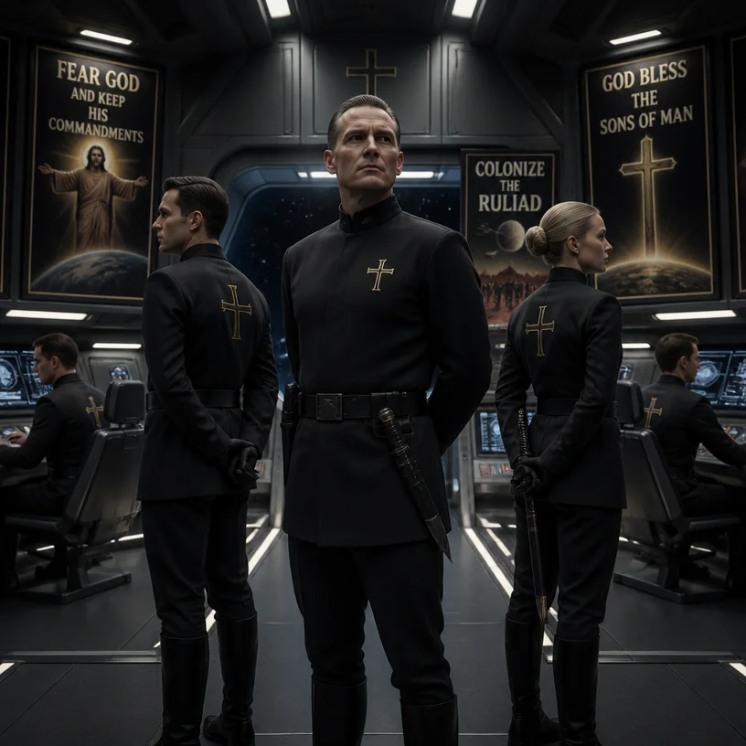 technopuritan paramilitary uniform, no helmets, no masks, clean simple uniform, belted military tunic with a stand collar - more specifically a Prussian-style or mandarin-collar tunic,  no visible but