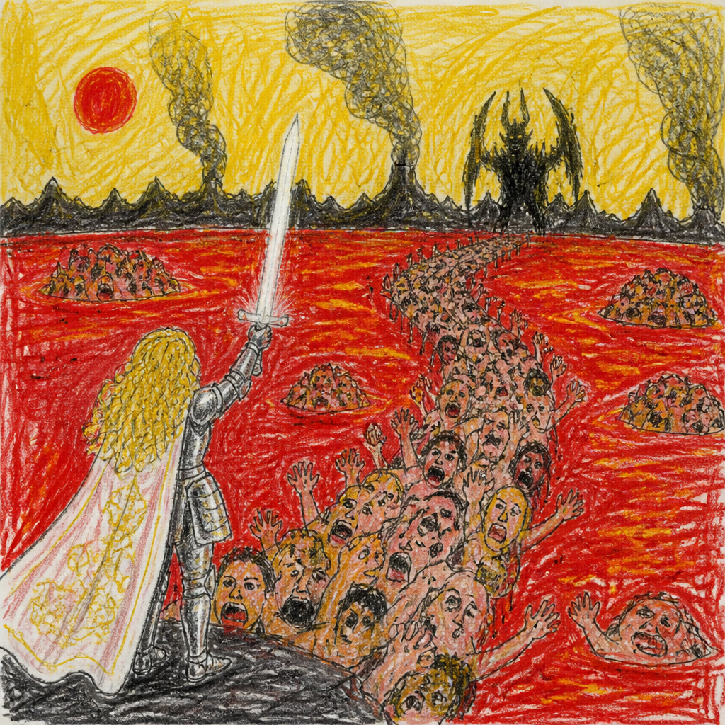 Female knight stands before great lake of blood and fire. She faces away from the viewer. Curly blonde hair, shining armor, white cape embroidered with golden threads. She holds aloft her blade, which