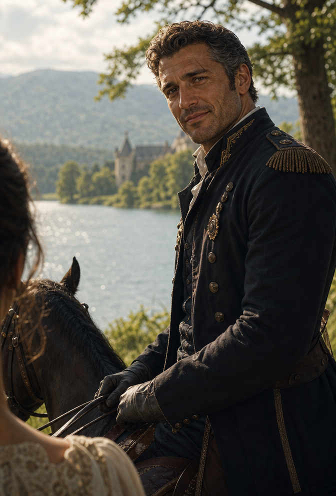 Captain Rykard is a tall and imposing figure, with a strong jawline and a nose that's slightly aquiline. His eyes are a deep brown, filled with warmth and kindness, and they crinkle at the corners whe