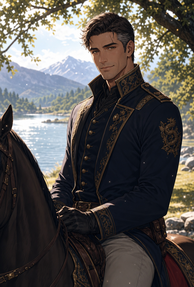 anime style, 1boy, captain rykard, tall imposing man, strong jawline, aquiline nose, deep brown eyes, kind eyes, short dark brown hair, silver-streaked temples, small scar above left eyebrow, sitting 