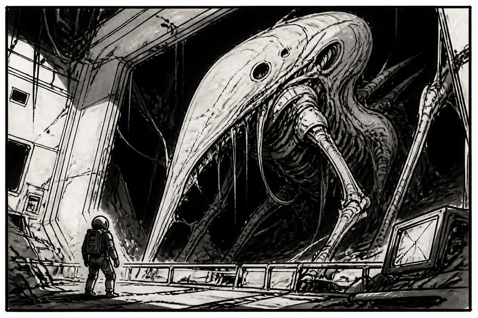 minimalist black and white hand-drawn animatic panel, bold clean ink lines, high contrast, rough paper texture, cinematic storyboard composition. A massive, strange alien creature partially emerging f