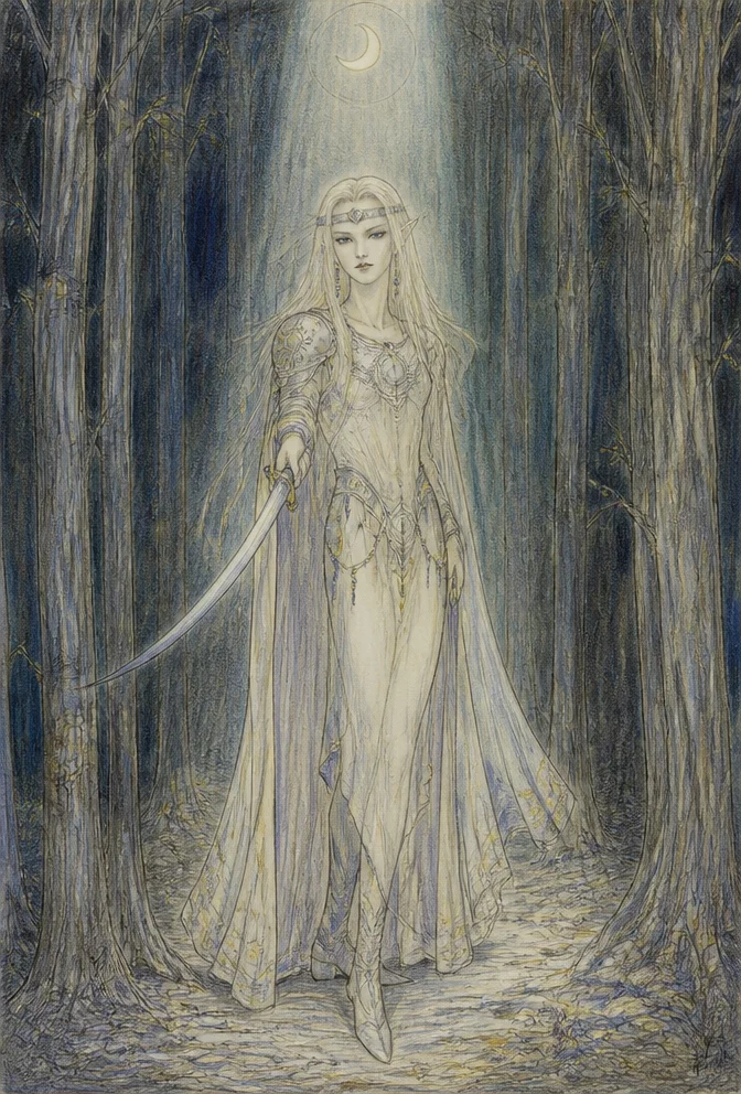 A high elven cleric stands in a forest of towering, slender deciduous trees. A beam of moonlight falls over where she stands. She is clad in pale silks, and sparse metal platings adorned with holy sym