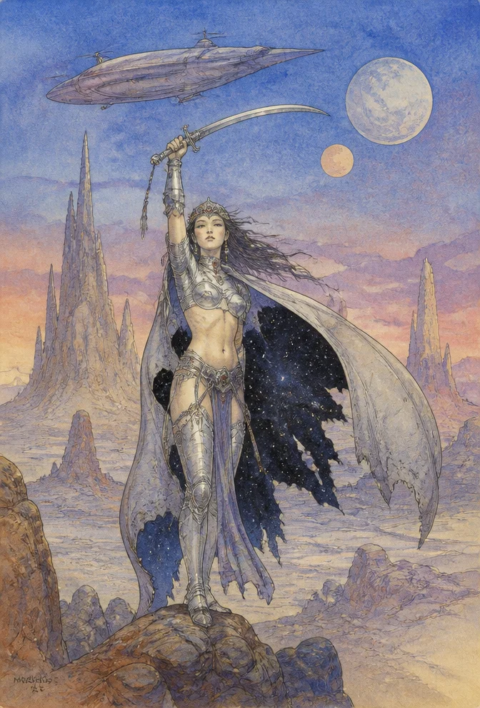 In a rocky landscape like a more alien monument valley, a swordswoman wields a curved blade, holdling it aloft above her head. Two moons hang in the twilight sky. She is clad in silvery plated armor t