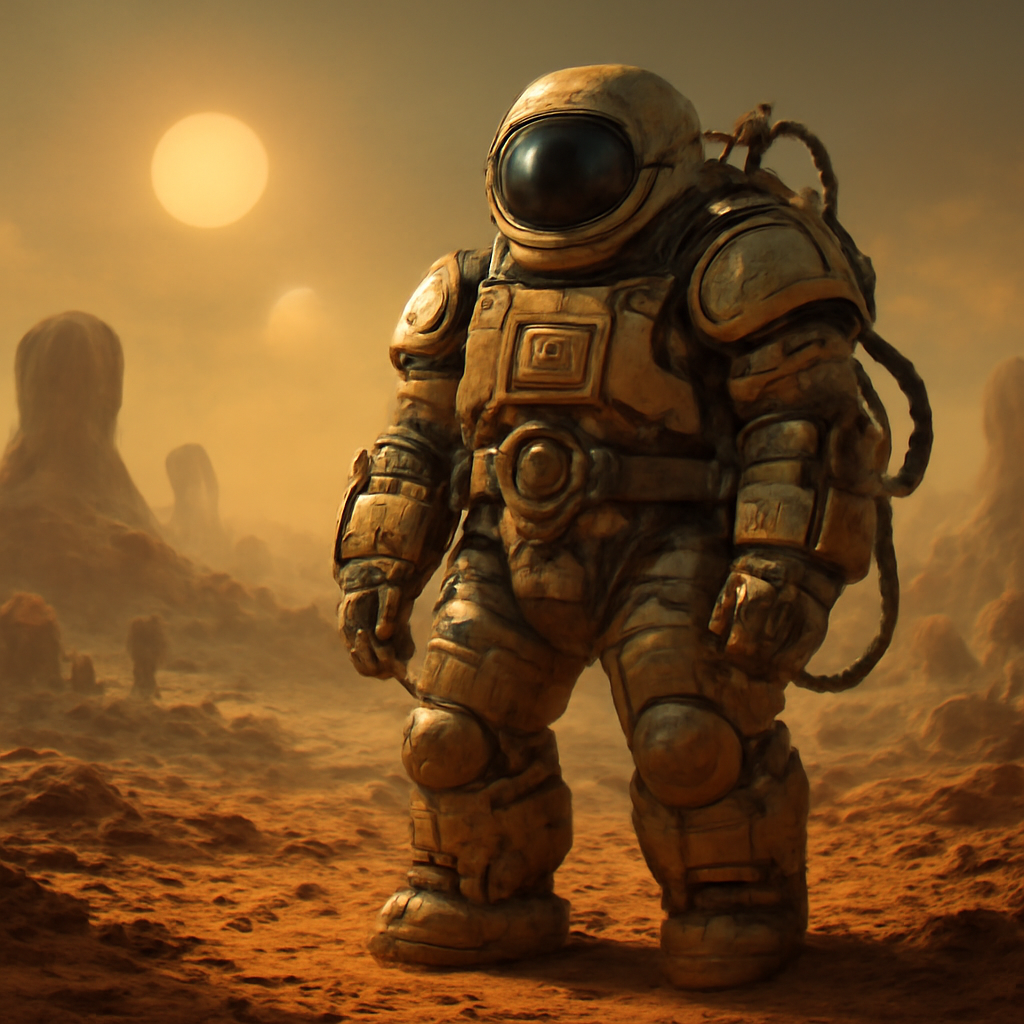 A chunky analogue tech version of an armoured astronaut soldier standing outdoors on an alien planet, bulky retro-future thick cables and mechanical gauges, heavy plated limbs and chunky helmet, 1970s
