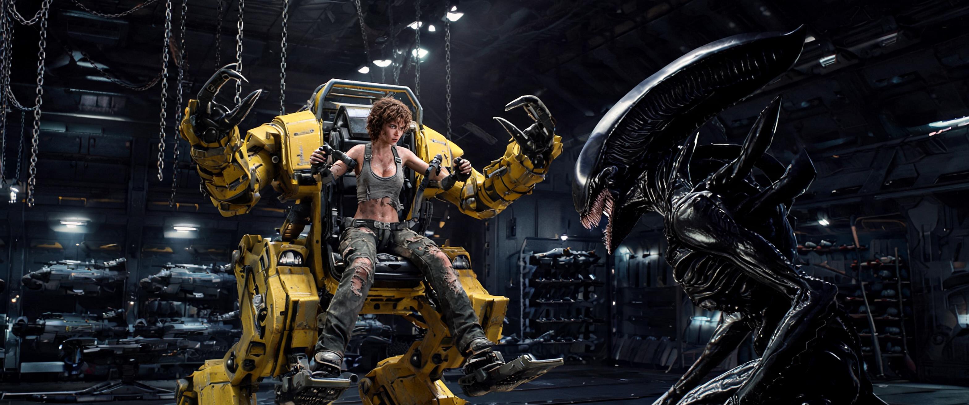 Realistic 1986 Aliens movie shot on film. A beautiful woman with short curly hair, wearing a gray low-cut cropped tank top over her large breasts and low-rise cargo pants, is piloting a mech to battle