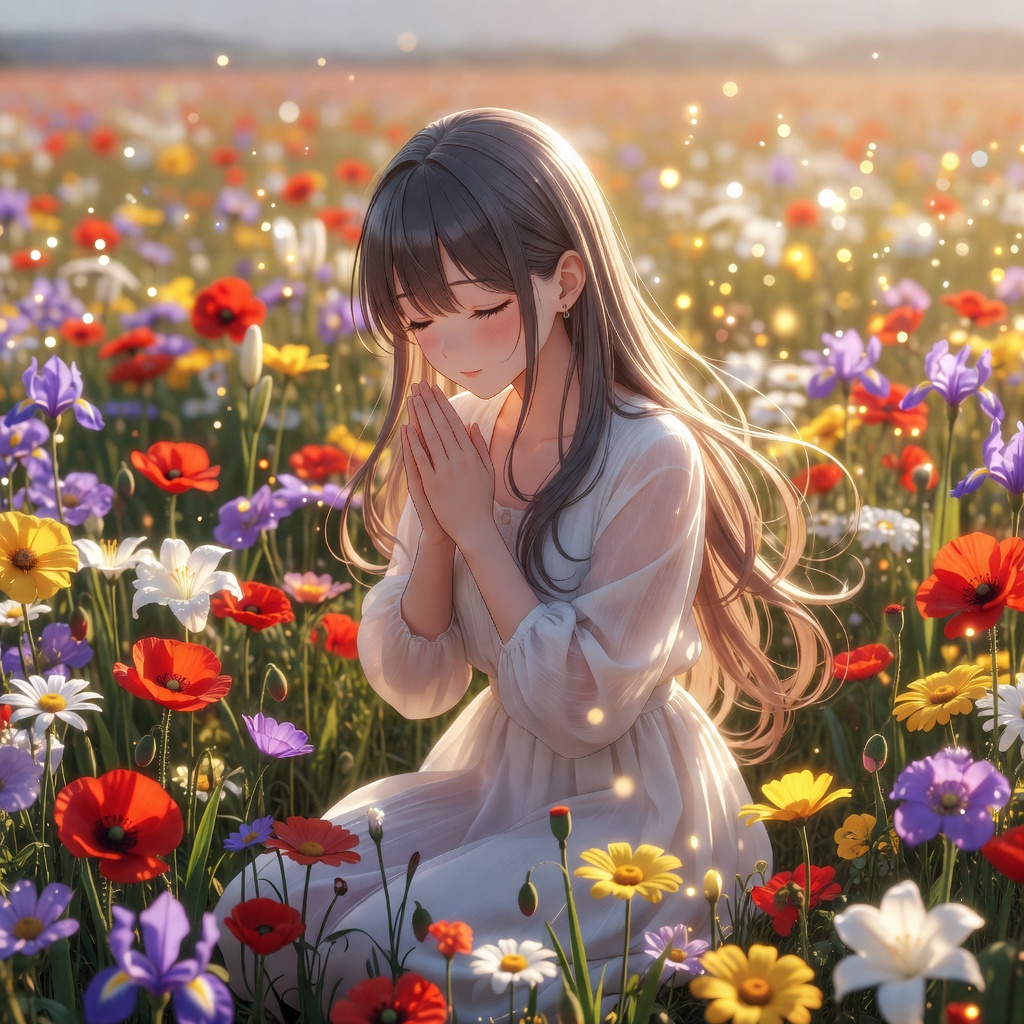 anime style, the vtuber maria grace vt praying in a flowery field, full body, bloom, bokeh, depth of field, detailed face, detailed hair, sharp focus, detailed background
