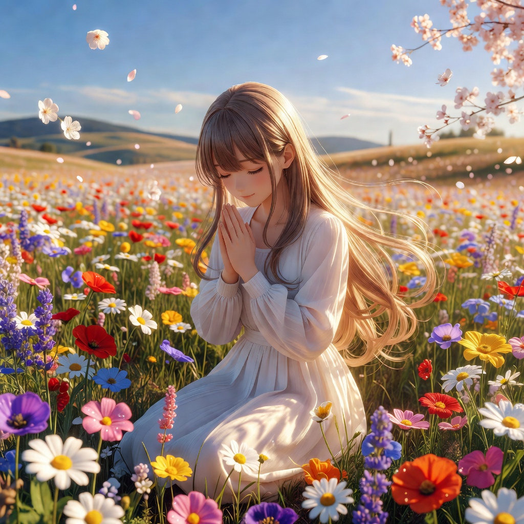 anime style, the vtuber maria grace vt praying in a flowery field, full body, bloom, bokeh, depth of field, detailed face, detailed hair, sharp focus, detailed background
