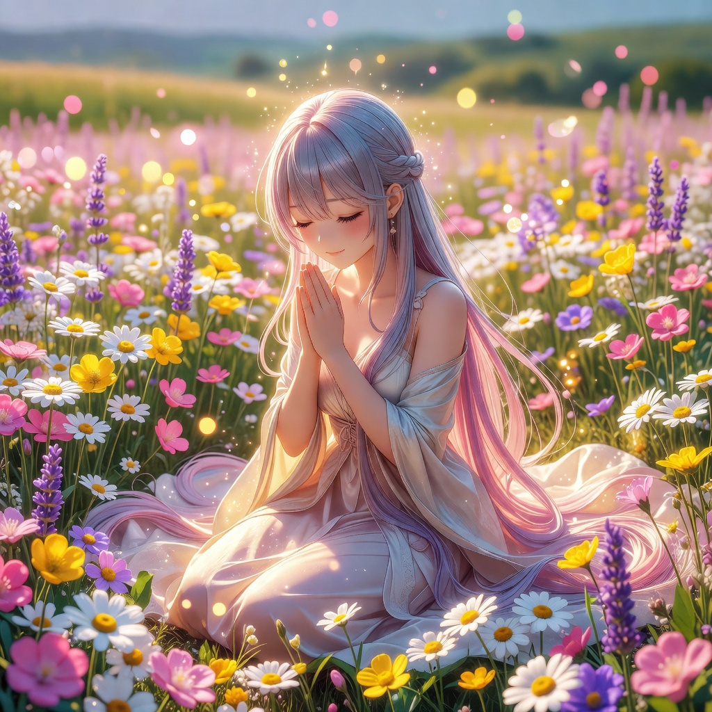 anime style, the vtuber maria grace vt praying in a flowery field, full body, bloom, bokeh, depth of field, detailed face, detailed hair, sharp focus, detailed background