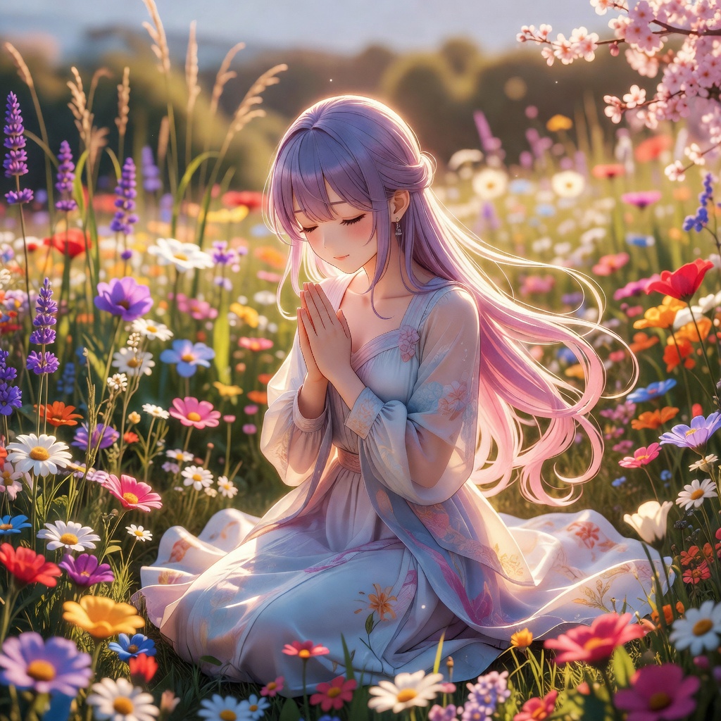 anime style, the vtuber maria grace vt praying in a flowery field, full body, bloom, bokeh, depth of field, detailed face, detailed hair, sharp focus, detailed background