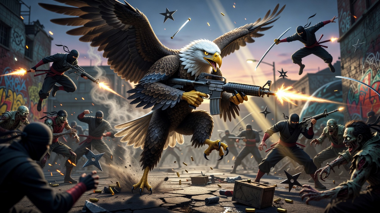 anime style, American bald eagle, wielding m-16 rifles in each hand, fighting ninjas and zombies, full body, dynamic angle, backlighting, volumetric lighting, bloom, depth of field, detailed eyes, det