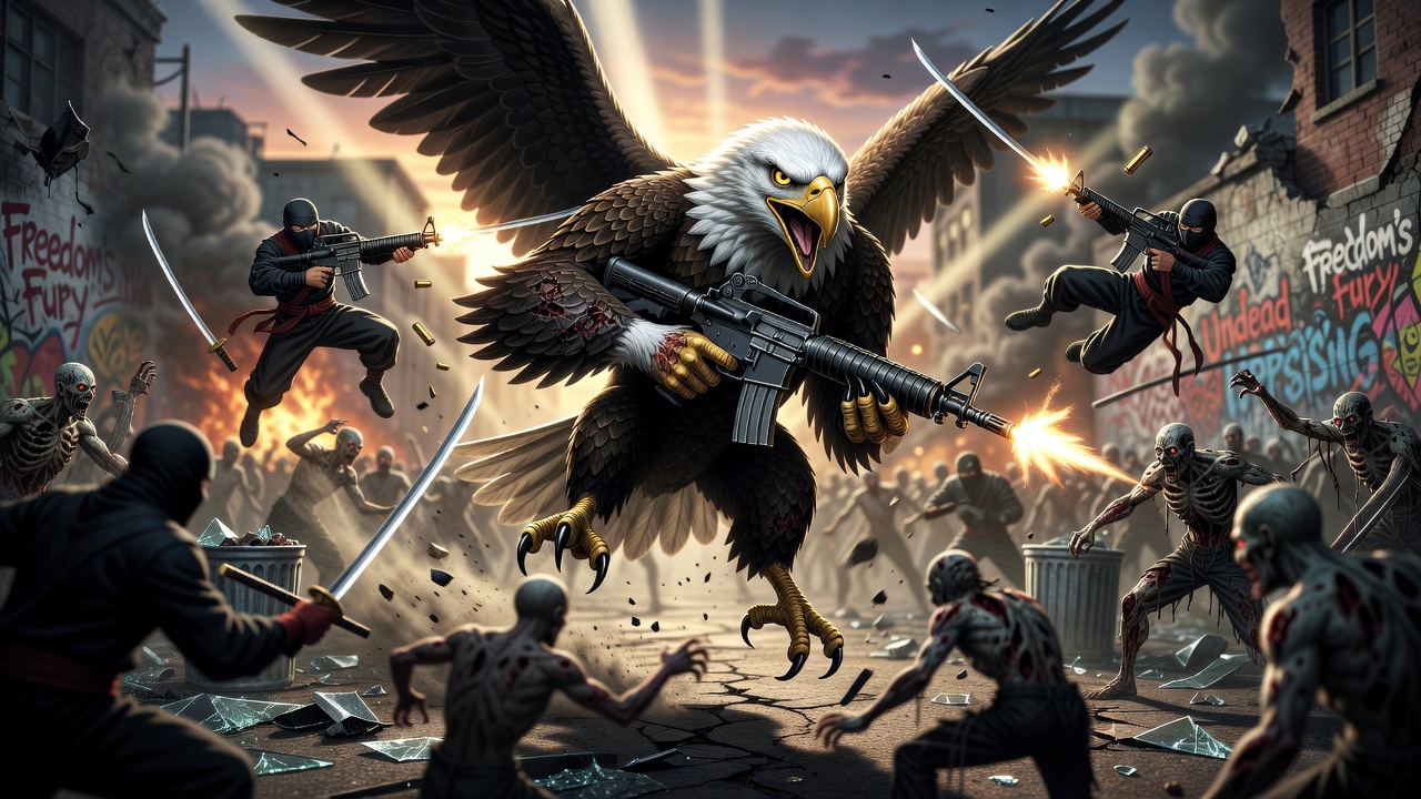 anime style, American bald eagle, wielding m-16 rifles in each hand, fighting ninjas and zombies, full body, dynamic angle, backlighting, volumetric lighting, bloom, depth of field, detailed eyes, det