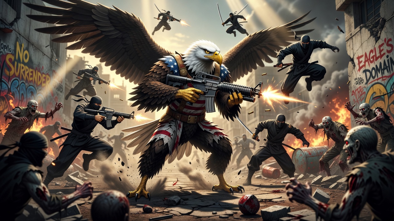 anime style, American bald eagle, wielding m-16 rifles in each hand, fighting ninjas and zombies, full body, dynamic angle, backlighting, volumetric lighting, bloom, depth of field, detailed eyes, det