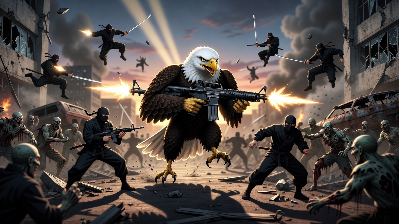 anime style, American bald eagle, wielding m-16 rifles in each hand, fighting ninjas and zombies, full body, dynamic angle, backlighting, volumetric lighting, bloom, depth of field, detailed eyes, det