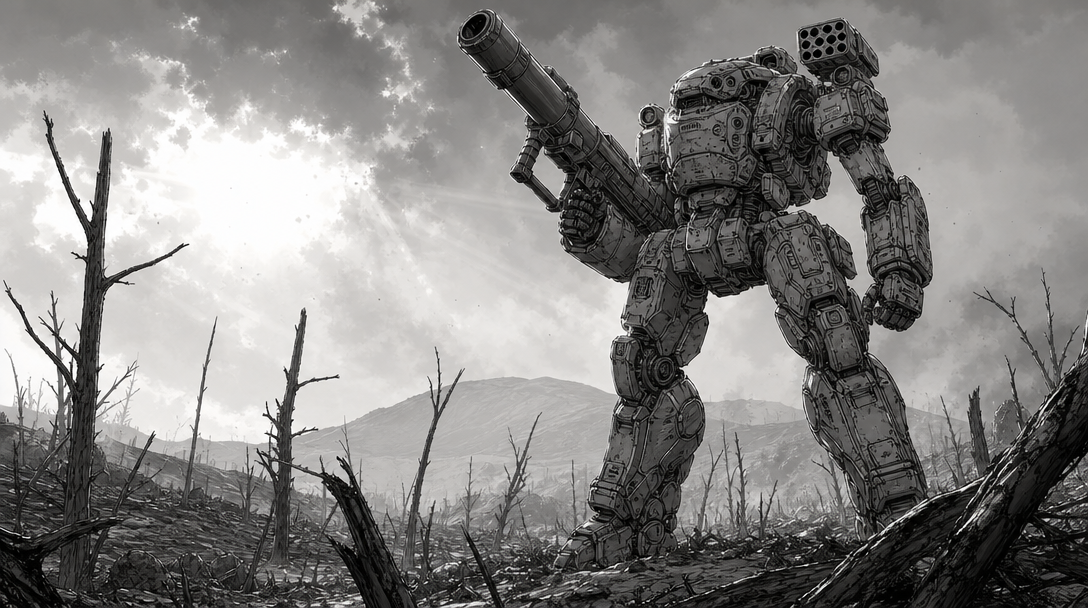 a mech equipped with a bazooka and a small six tube rocket pod above the opposite shoulder, with athletic humanoid proportions and armor similar to the PTX-140 from Lost Planet, dead trees dot the lan
