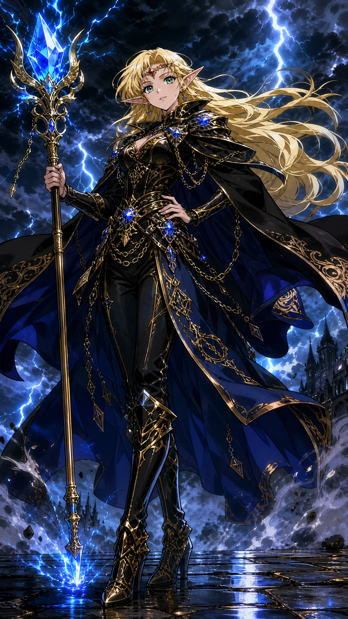 Full body dramatic portrait of a beautiful young elven sorceress, long voluminous golden blonde hair dramatically flowing and whipping in the wind, pointed elf ears, large expressive emerald green eye