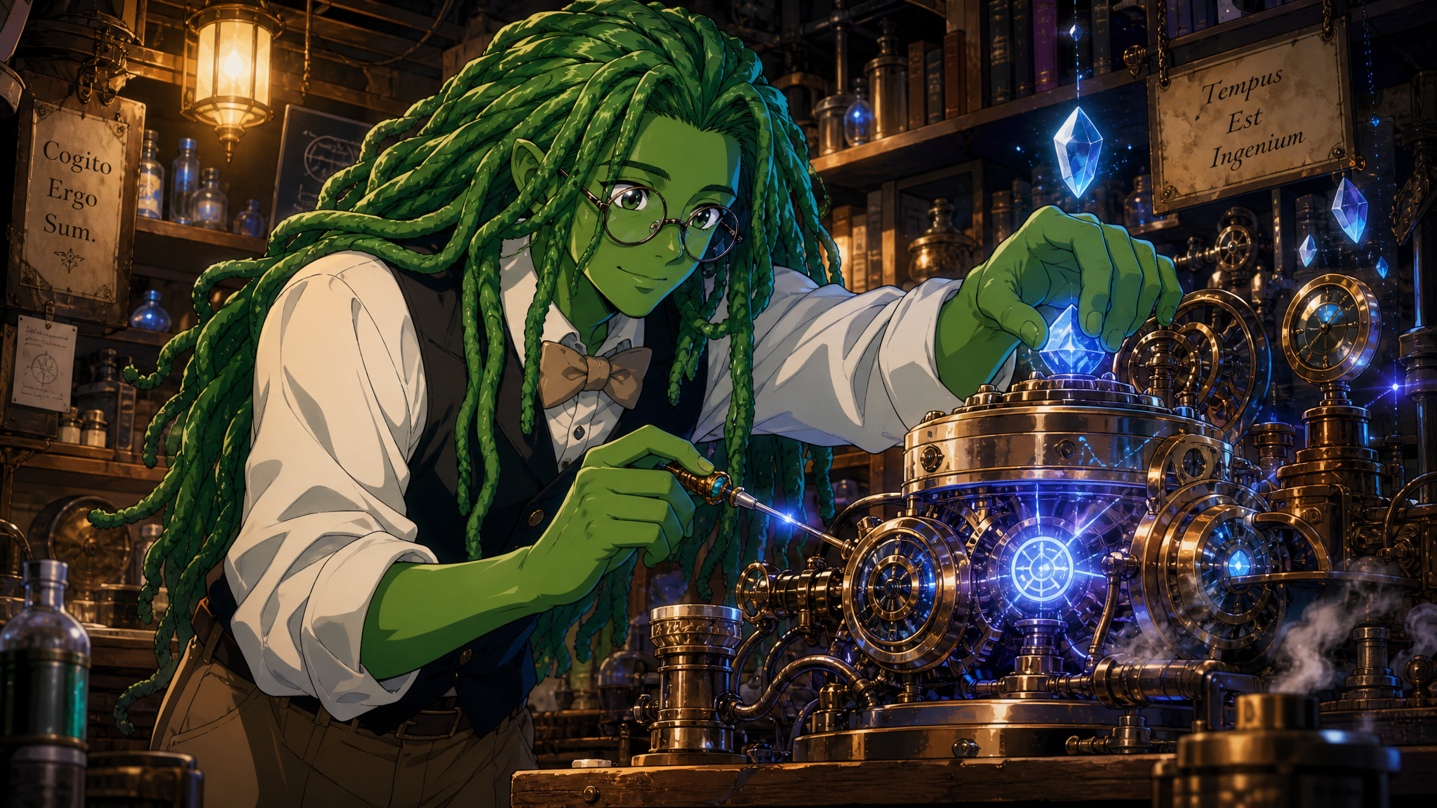 A friendly green-skinned slimefolk man with smooth vibrant green skin, long thick green dreadlocks with detailed individual strands and natural volume, round thin-rimmed glasses, gentle smiling expres