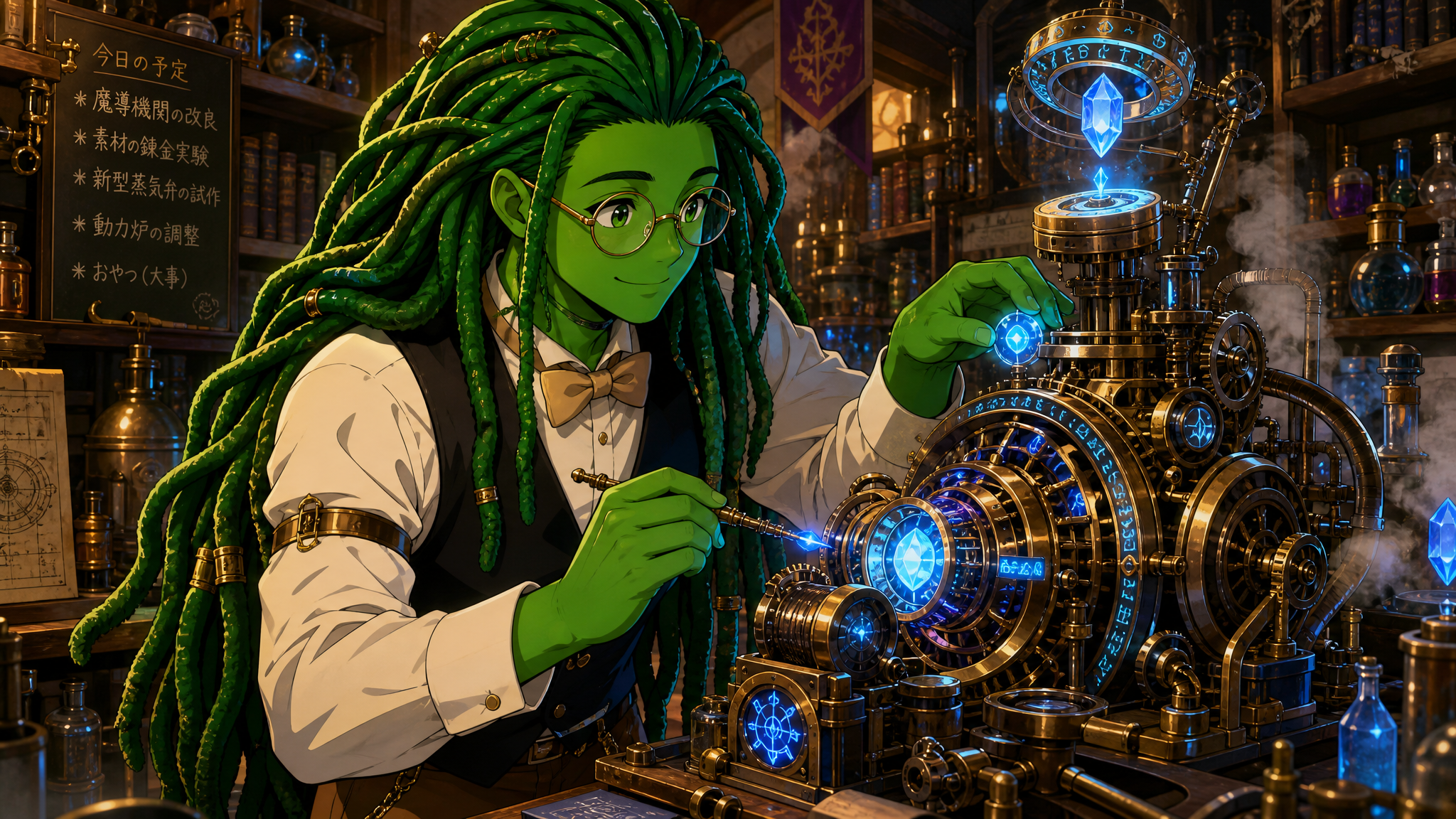 A friendly green-skinned slimefolk man with smooth vibrant green skin, long thick green dreadlocks with detailed individual strands and natural volume, round thin-rimmed glasses, gentle smiling expres
