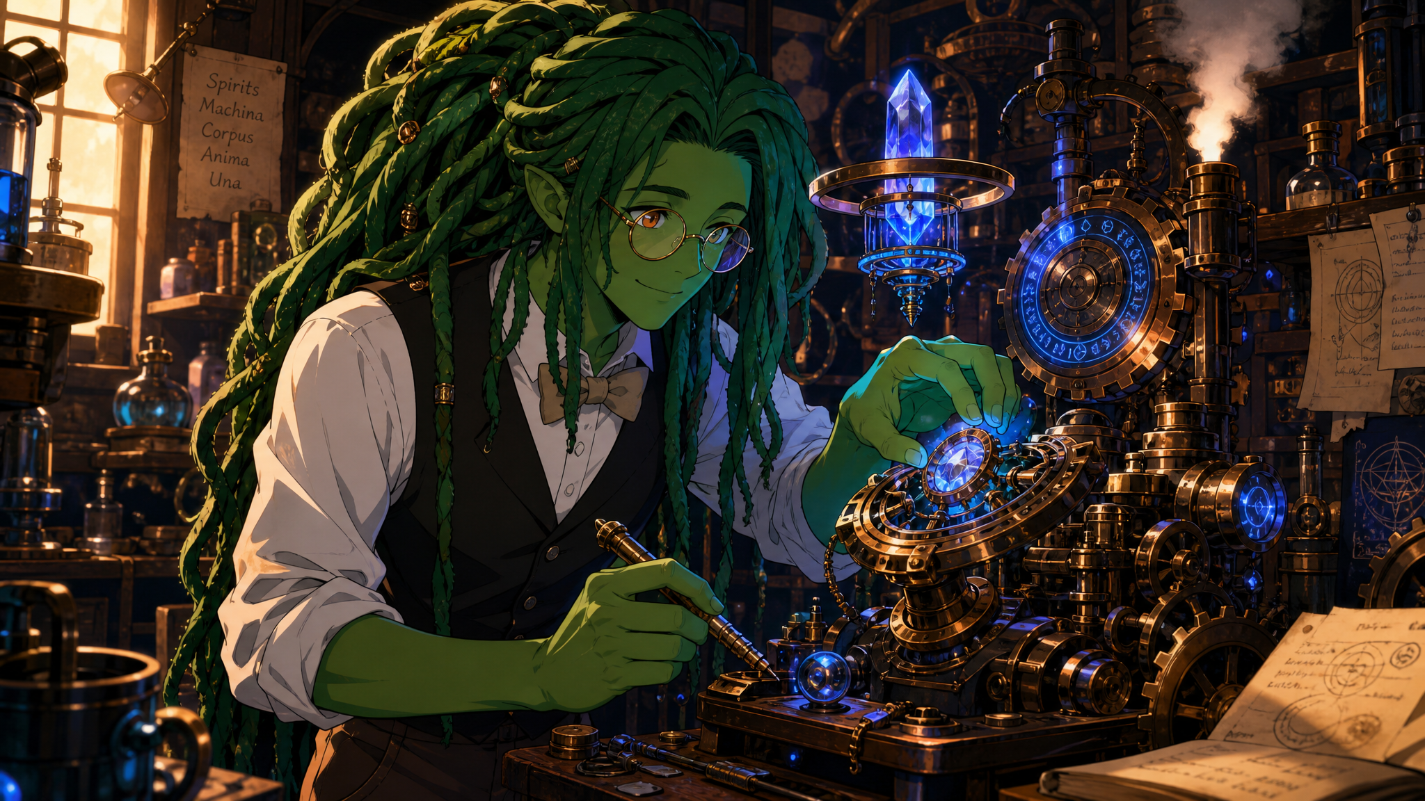 A friendly green-skinned slimefolk man with smooth vibrant green skin, long thick green dreadlocks with detailed individual strands and natural volume, round thin-rimmed glasses, gentle smiling expres