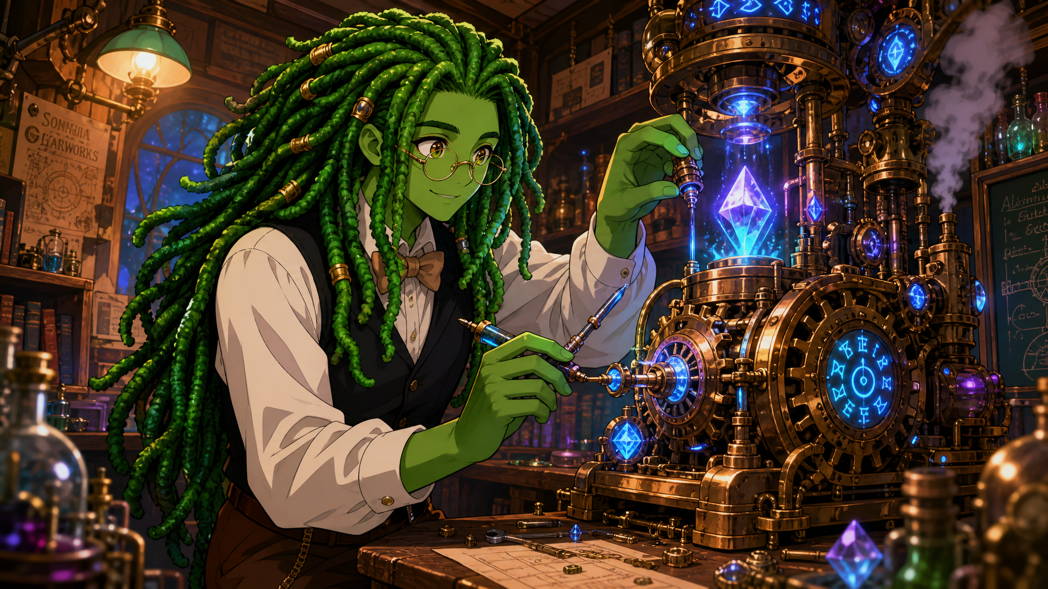 A friendly green-skinned slimefolk man with smooth vibrant green skin, long thick green dreadlocks with detailed individual strands and natural volume, round thin-rimmed glasses, gentle smiling expres