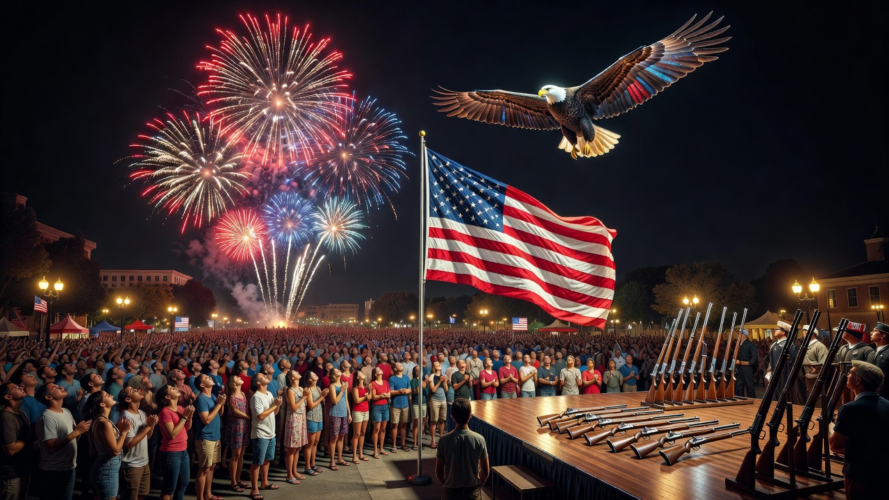 Ultra‑realistic cinematic 4th of July celebration at twilight: a wide‑angle view of a bustling city square, packed with a diverse crowd of people in casual summer attire, all eyes turned skyward. Colo