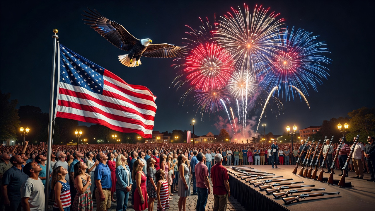 Ultra‑realistic cinematic 4th of July celebration at twilight: a wide‑angle view of a bustling city square, packed with a diverse crowd of people in casual summer attire, all eyes turned skyward. Colo