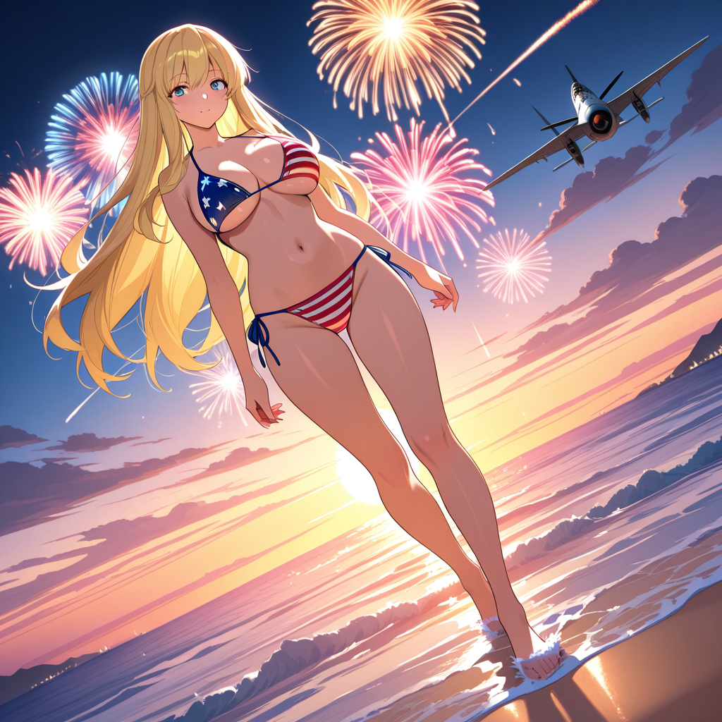 anime style, big titty blonde woman, american flag bikini, standing on beach, aircraft carrier on water, fireworks shooting from carrier, full body, dynamic angle, backlighting, volumetric lighting, b