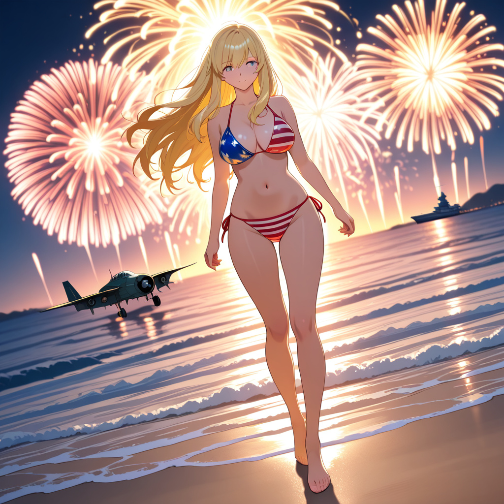 anime style, big titty blonde woman, american flag bikini, standing on beach, aircraft carrier on water, fireworks shooting from carrier, full body, dynamic angle, backlighting, volumetric lighting, b