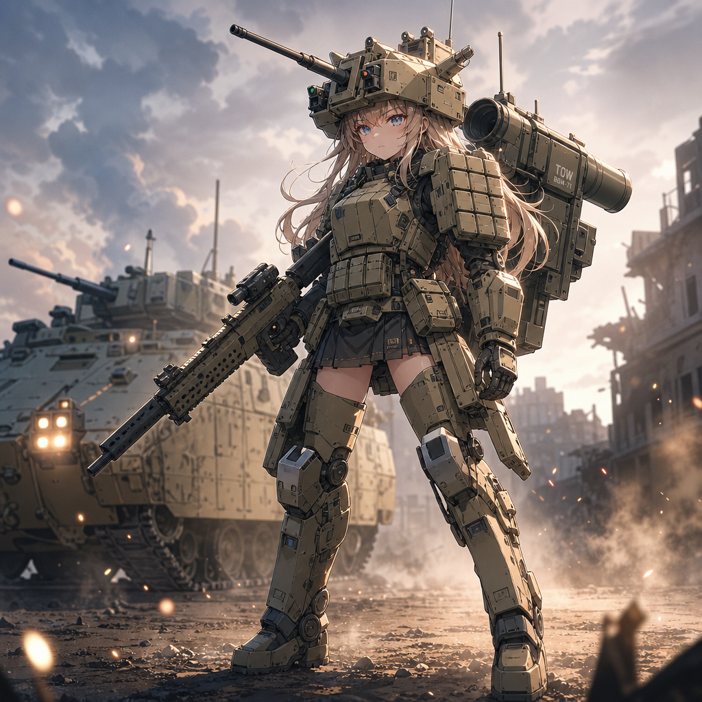 anime style, m3a3 bradley mecha musume, tactical girl with bradley ifv elements, wearing helmet shaped like bradley turret, 25mm autocannon rifle, backpack mounted tow missle launcher, reactive armor 