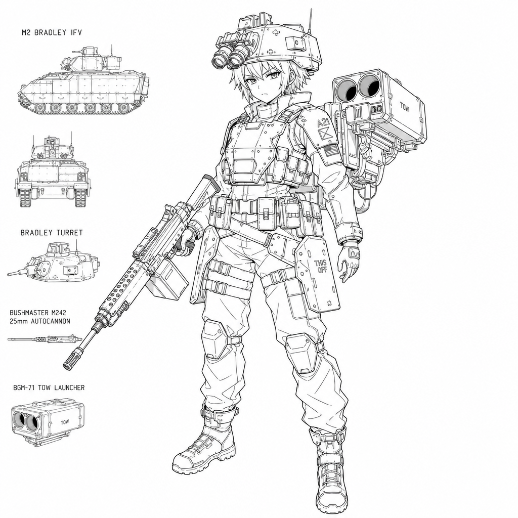 anime style, m2 bradley mecha musume, tactical girl with bradley ifv elements, wearing helmet shaped like bradley turret with NODs instead of a cannon barrel, bushmaster autocannon rifle, backpack mou