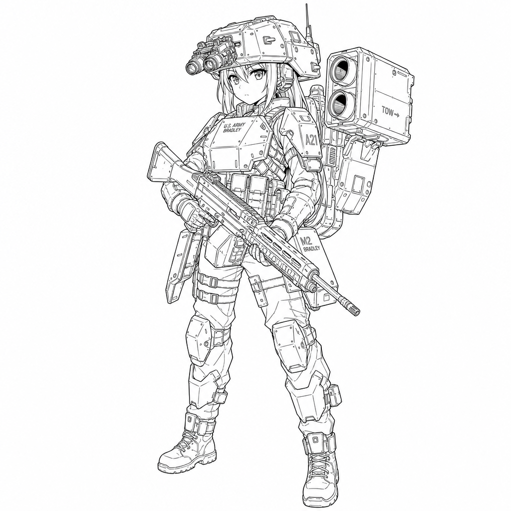 anime style, m2 bradley mecha musume, tactical girl with bradley ifv elements, wearing helmet shaped like bradley turret with NODs instead of a cannon barrel, bushmaster autocannon rifle, backpack mou