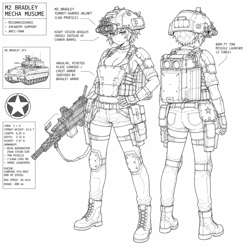 anime style, m2 bradley mecha musume, tactical girl with bradley ifv elements, low cut helmet shaped like bradley turret with NODs instead of a cannon barrel, bushmaster chaingun weapon, backpack moun