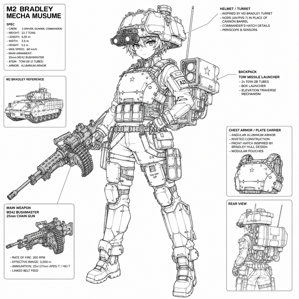 anime style, m2 bradley mecha musume, tactical girl with bradley ifv elements, helmet shaped like bradley turret with NODs instead of a cannon barrel, bushmaster chaingun weapon, backpack mounted boxy