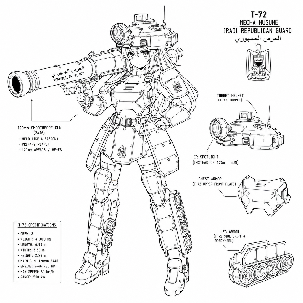 anime style, t-72 mecha musume, military girl with t-72 mbt elements, helmet shaped like t-72 turret with IR spotlight instead of a cannon barrel, 120mm cannon held like a bazooka, angular riveted che