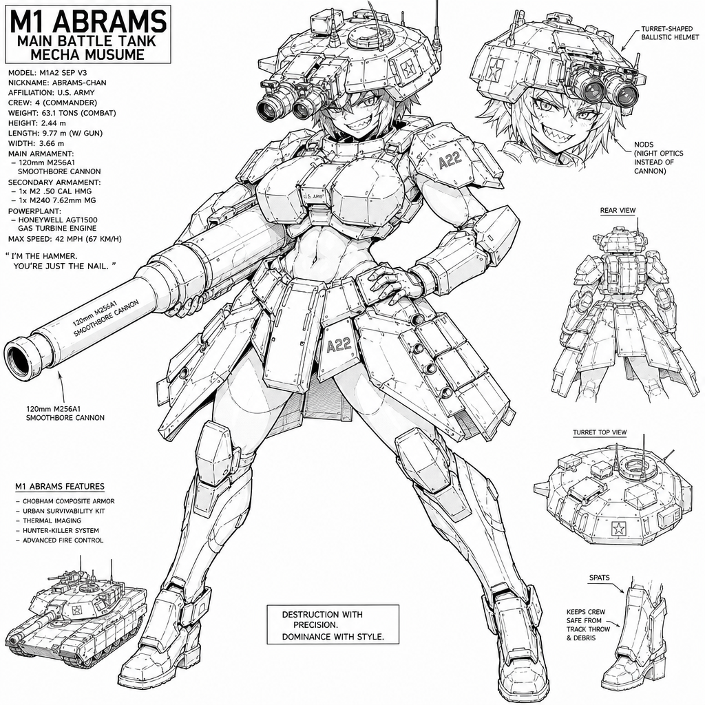 anime style, US m1 abrams mecha musume, military girl with abrams mbt elements, ballistic helmet shaped like abrams turret with NODs instead of a cannon barrel, M256 smoothbore cannon under arm, angul