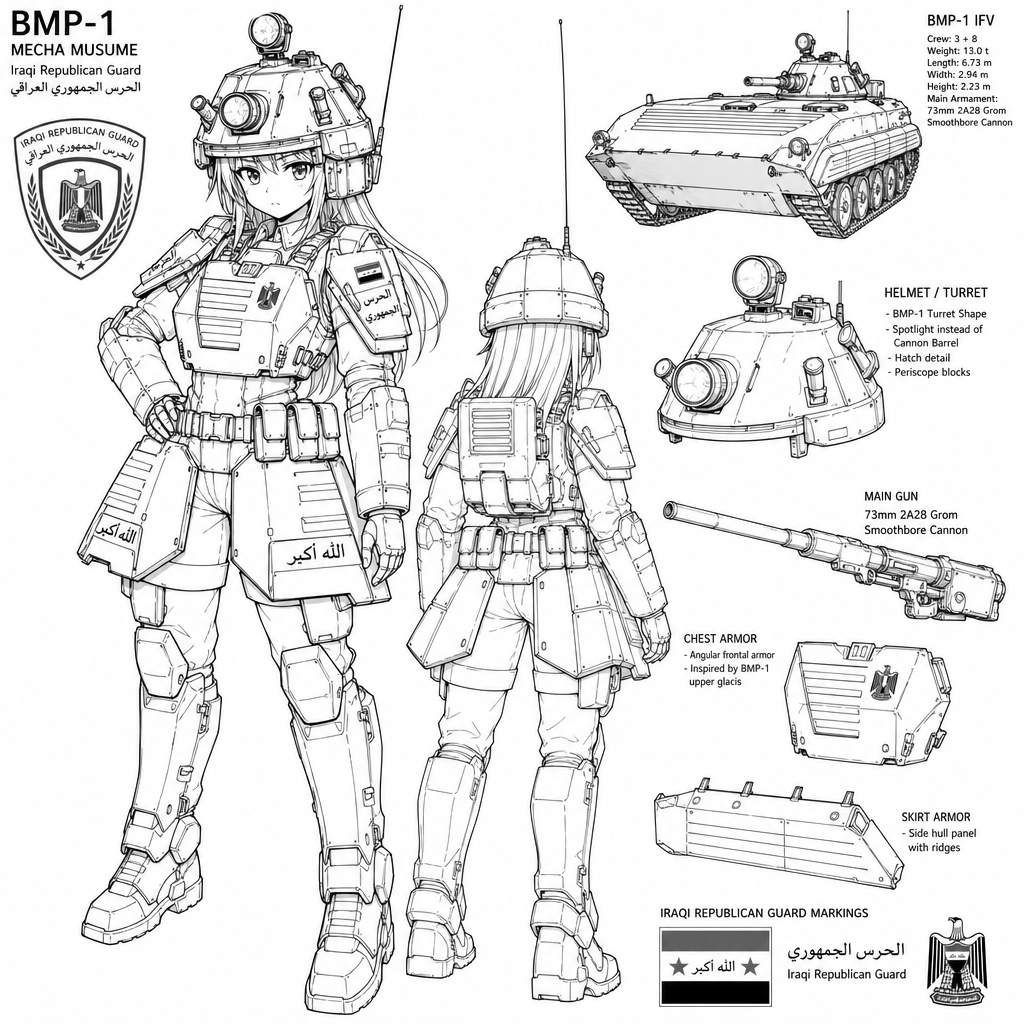 anime style, bmp-1 mecha musume, military girl with bmp-1 ifv elements, helmet shaped like bmp-1 turret with small spotlight instead of a cannon barrel, 73mm smoothbore cannon, angular chest armor, Ir