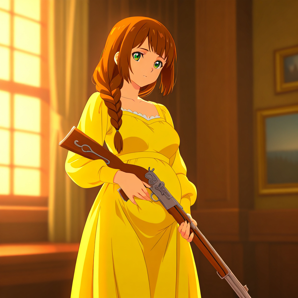 anime style, colonial american woman, braided brown hair with bangs, green eyes, shapely figure in a dress with the slight pregnancy bulge, cowboy shot, backlighting, volumetric lighting, bloom, depth