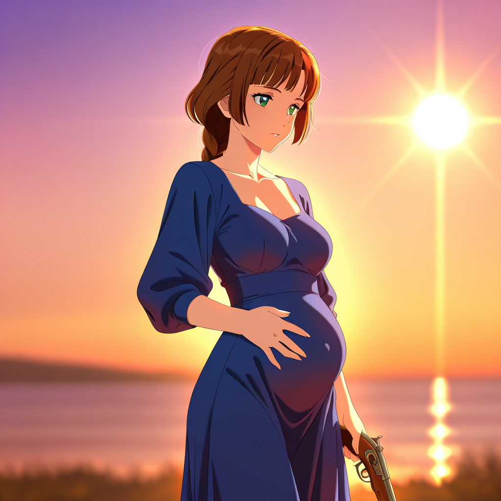 anime style, colonial american woman, braided brown hair with bangs, green eyes, shapely figure in a dress with the slight pregnancy bulge, cowboy shot, backlighting, volumetric lighting, bloom, depth