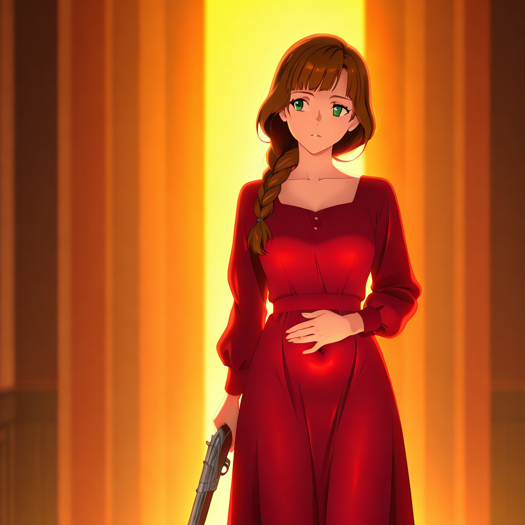 anime style, colonial american woman, braided brown hair with bangs, green eyes, shapely figure in a dress with the slight pregnancy bulge, cowboy shot, backlighting, volumetric lighting, bloom, depth