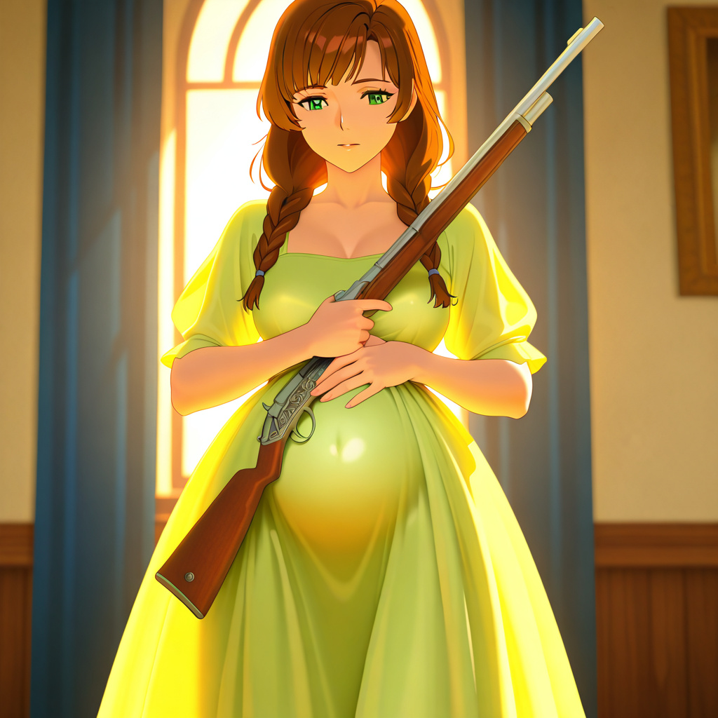 anime style, colonial american woman, braided brown hair with bangs, green eyes, shapely figure in a dress with the slight pregnancy bulge, cowboy shot, backlighting, volumetric lighting, bloom, depth