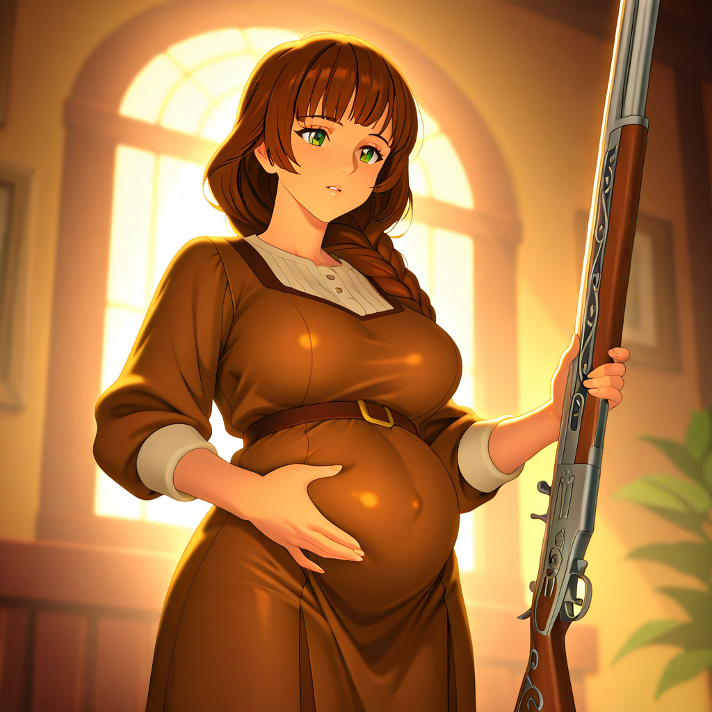 anime style, colonial american woman, braided brown hair with bangs, green eyes, shapely figure in a brown pilgrim dress with the slight pregnancy bulge, cowboy shot, backlighting, volumetric lighting